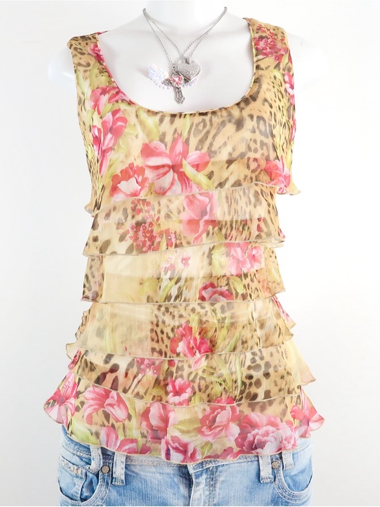 Tops - Eclipse Leopard Floral Ruffle Tank Top Y2K McBling